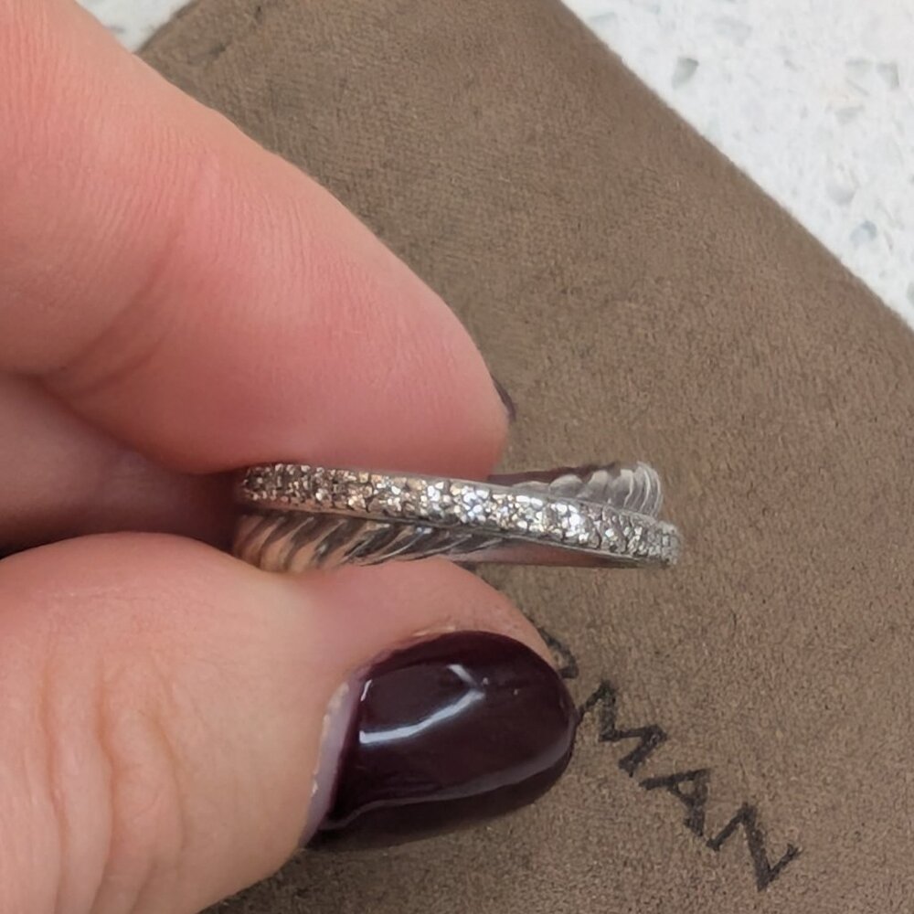 David Yurman SS Crossover Band Ring Pave Diamonds S6 + Authenticity Certificate